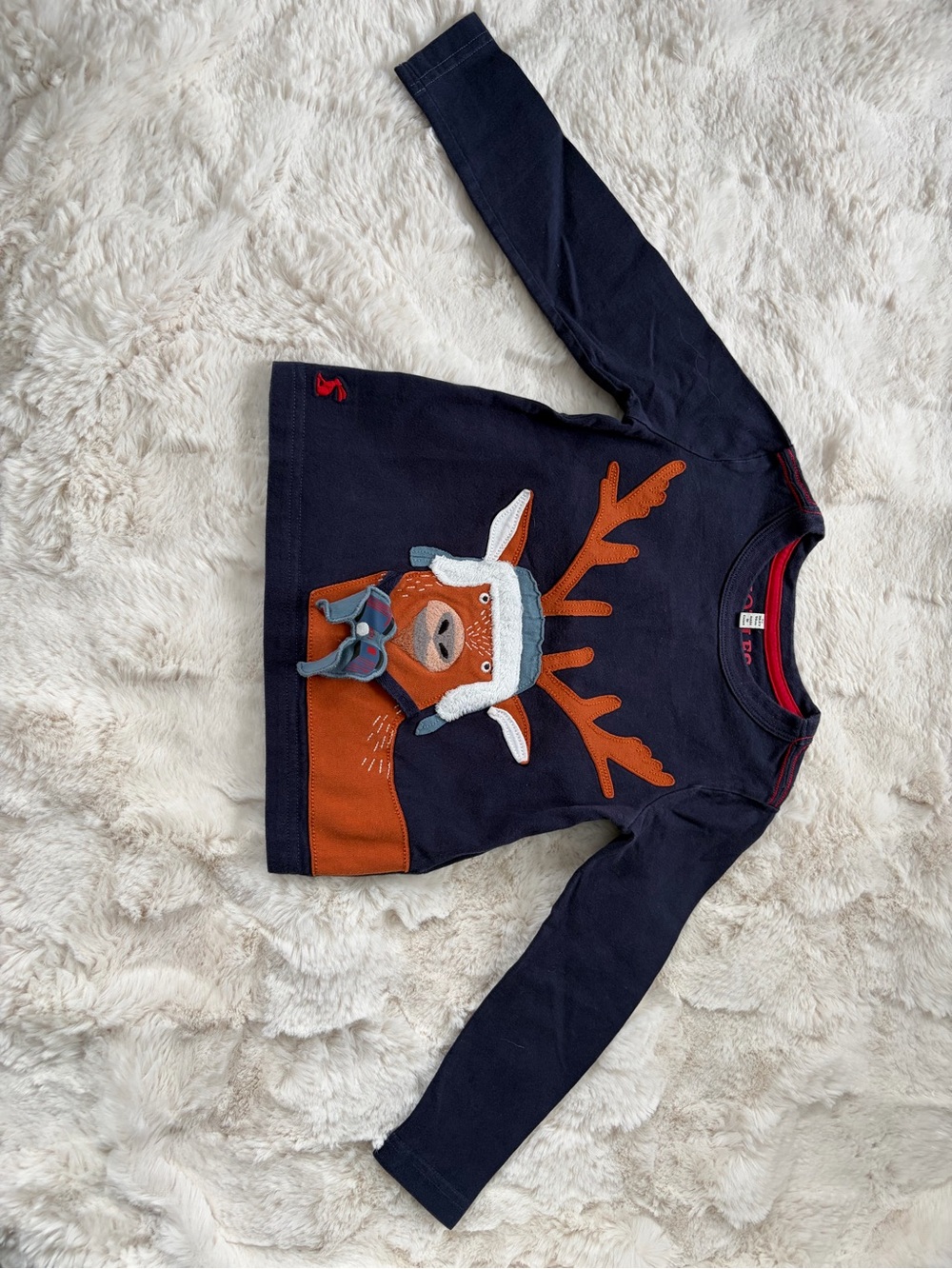 Joules Navy Long-Sleeve Top with Reindeer Appliqué